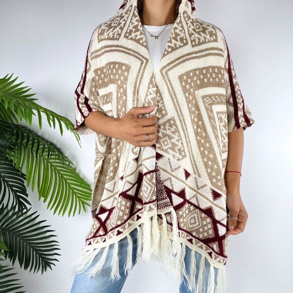 Womens Beige Aztec Bohemian Western Sweater Cardigan Fall Hooded Poncho / S/M - Picture 3 of 8
